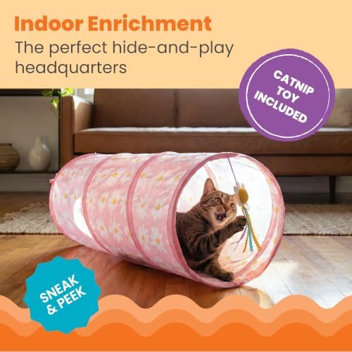 Catstages Tunnel Toy for Indoor Cats, Collapsible Hide & Play Tube with Plush Catnip Toy, Pink Daisy, 28”