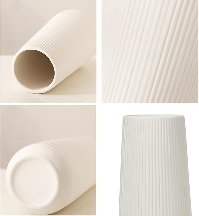 Ceramic Vase for Flower, Pampas Grass Vase, 7.8''H Ribbed Decor Vase, White | Nordic Minimalist Flower Vase, White Modern Home Office Decor Vases, For Living Room, Dining Table, Bedroom, Kitchen Shelf