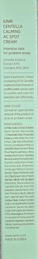 IUNIK 81% Concentrated Centella Calming Gel Acne Spot Cream w/AHA BHA PHA Salicylic Acid Niacinamide Tea Tree Oil-Free Blemish Pimple Lightweight for Adults & Teens .67 Oz Sensitive Acne-prone skin