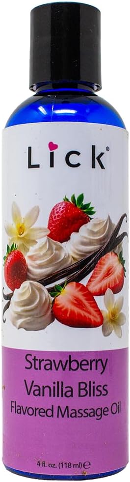 Lick Strawberry Vanilla Bliss Flavored Massage Oil – Sweet Tropical Edible Massage Oil with Vitamin E, Smooth Body-Safe Glide for Couples Massage & Sensory Date Nights, 4 oz