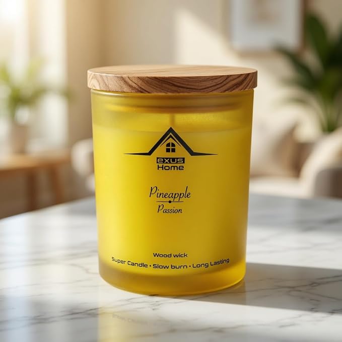 Exus Hand Crafted, Soy Wax, Wood Wick, Aromatic Candle. Non-Toxic (Pineapple/Passion)