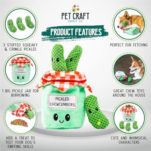 Pet Craft Supply Hide and Seek Plush Dog Toys Crinkle Squeaky Interactive Burrow Activity Puzzle Chew Fetch Treat Hiding Brain Stimulating Cute Funny Toy Bundle Pack -Pickles, for Medium Breeds