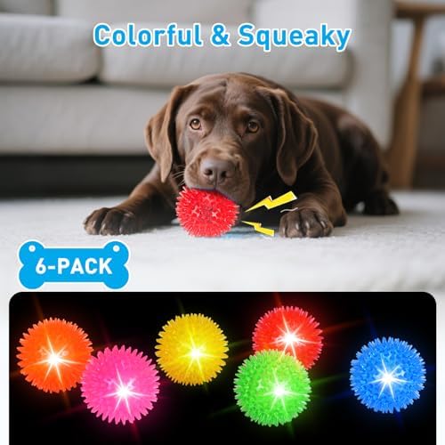 Novkin 6-Pack 3.5” LED Light-Up Squeaky Dog Toy Balls ，Durable Interactive Glow Fetch Toys for Aggressive Chewers，BPA Free Non-Toxic, Spiky Puppy Chew Balls