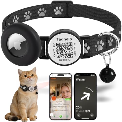 QR Code AirTag Cat Collar Breakaway Reflective with Bell - Digital Pet ID Tag for Lost Cat Recovery, Black Paw Print Design