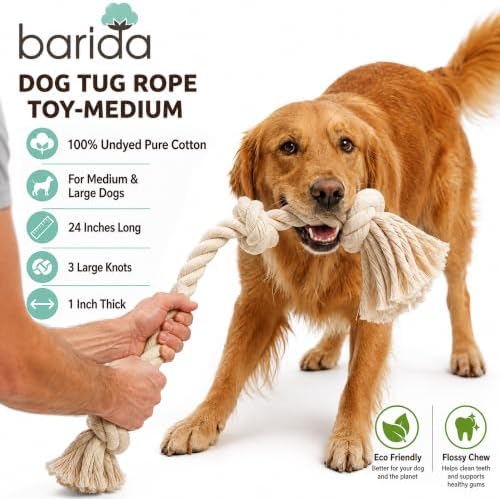 Barida Natural White Cotton Tough Dog Rope Toy for Medium & Large Dogs. Non Toxic and Premium Rope Toys for Dogs.