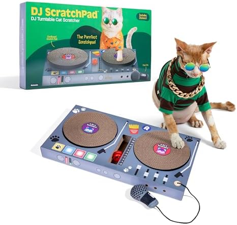 DJ Scratchpad by Relatable, Enrichment Cat Toys And Kitten Toys For Your Furry Friends, Cat Tree Essentials, Includes Box With 2 Scratch Wheels, 1 Plastic Ball With Bell, And Attached Microphone Plush