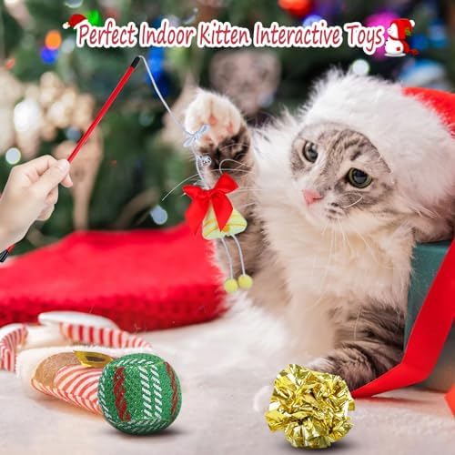 Christmas Stocking Cat Toys - 12Pcs Interactive Set for Cats with Squeaky Toys, Balls, Cat Teasers