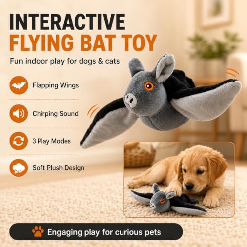 Flying Bat Dog Toy, Flapping Bat Dog Toy for Dogs & Cats, Flapping Wings Interactive Pet Toy with Chirping Sounds, Hanging and Ground Play with Detachable USB Rechargeable，2pcs