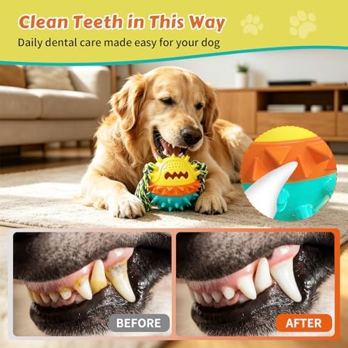 Dog Chew Toys Floating 4" Squeaky Ball for Aggressive Chewers Toothbrush Teething Cleaning Toys Outdoor Swimming Interactive Tough Toys with Treat Dispenser Ball for Medium and Large Dogs