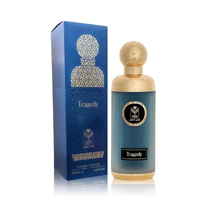 Almas Perfumes Tragedy Unisex Eau de Parfum, 200ml, Woody Oriental Fragrance with Oud, Amber, Leather, Bergamot, Black Pepper, Made in Saudi Arabia
