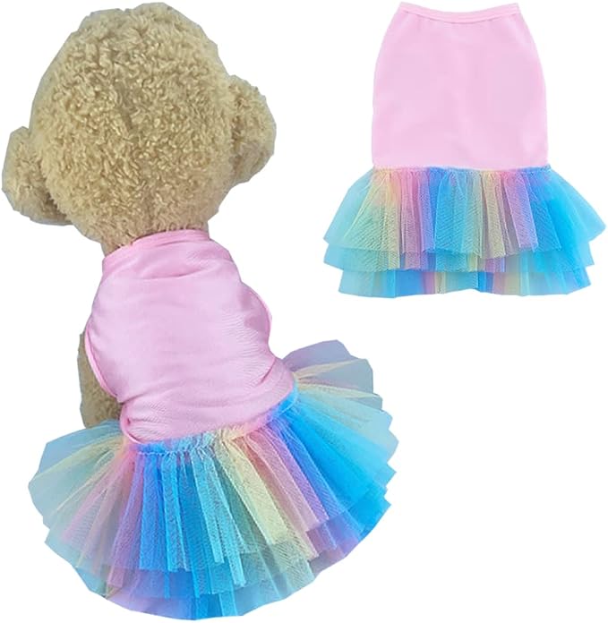 ANIAC Pink Dog Dress, Summer Clothes for Small Girl, Spring Puppy Princess Dress, Cat Outfit, Pet Clothing for Cats Kitten Chihuahua Yorkie, Rainbow (Large, Pink)