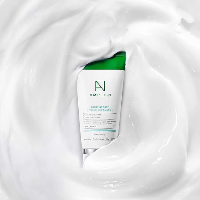 AMPLE:N Purifying Shot Cream Cleanser – Korean Pore Refining Facial Cleanser with Egg White & Blue Lotus Extract - Exfoliate & Remove Makeup Residue and Impurities from Pores Texture, 5.07 fl.oz.