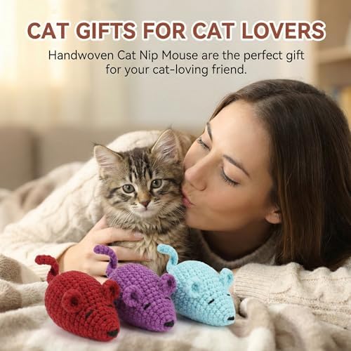 Catnip Toys Crochet Mice Cat Toys, 3 Pcs Handmade Durable Yarn Mice Toys with Natural Catnip & Silvervine, Interactive Kitten Chew Kicker Toy for Teeth Cleaning & Anxiety Relief
