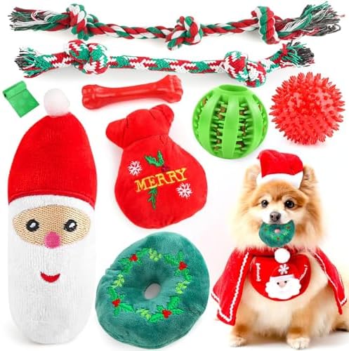 Christmas Dog Toys 9 Pack, Luxury Santa Puppy Chew Toy, Cotton Squeaky Plush Toys for Small Dogs, Durable Interactive Rope Treat Dog Ball and Bones, Rubber Teething Toys for Dogs Gifts