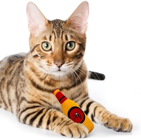 BEST PLUSH CAT TOY - NFL TAMPA BAY BUCCANEERS Complete Set of 3 piece Cat Toys filled with Fresh Catnip. Incld: 1 Helmet Cat Toy, 1 Football Cat Toy with Feathers & 1 Beer Bottle. Beautiful Team LOGOS