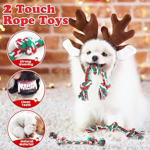 Christmas Dog Toys 9 Pack, Luxury Santa Puppy Chew Toy, Cotton Squeaky Plush Toys for Small Dogs, Durable Interactive Rope Treat Dog Ball and Bones, Rubber Teething Toys for Dogs Gifts