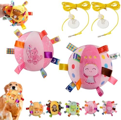 Colorful Squeaky Hanging Dog Training Toy, 6-Inch Squeaky Hanging Dog Toy, Soft Stuffed Ball with Cotton Material, Built-in Bell, Interactive Tug Chew Toy for Small Medium Dogs Indoor Play Fun (Mix-1)