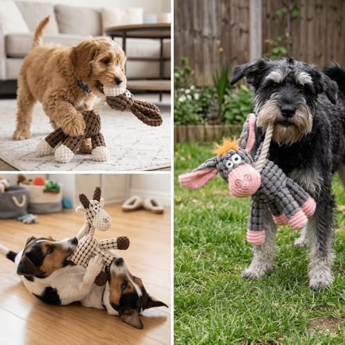 Pet Squeaky Chew Toy Interactive Durable Plush Dog Toy for Small Medium Large Breeds, Teeth Cleaning & Boredom Relief(Beige & Brown Goat)