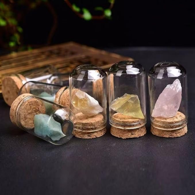 Healing Crystal Rough Stone Set, paired with Glass Bottle Accessories, with Diverse Styles and inconsistent Stones. The Pictures are for Reference only. The Stones Inside are Different.