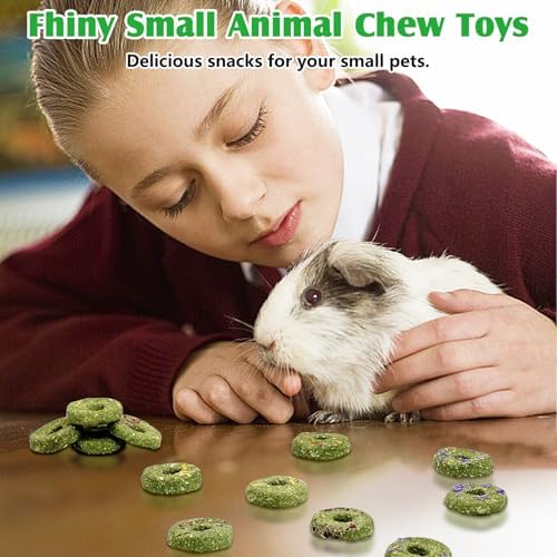Fhiny Rabbit Chew Toys, 12 PCS Natural Timothy Hay & Flowers Cakes Guinea Pig Chew Treats for Teeth Handmade Small Animal Molar Snacks for Bunny Guinea Pig Chinchilla Hamster Gerbil Dental Care