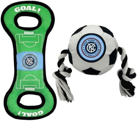 Pets First MLS New York City FC Soccer Field Tug Toy & Soccer Ball Rope Toy Set for Dogs - Officially Licensed Interactive Squeaky Rope Fetch & Chew Toys with Team Logo