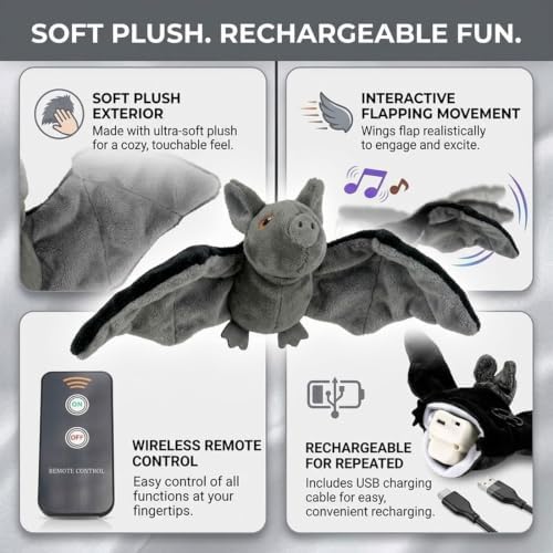 Flying Bat Dog Toy, Flapping Bat Dog Toy, Flapping Wings Interactive Pet Toy, Motion Activated Rechargeable Plush Toy with Chirping Engages Cats and Dogs, Mimics Real Flying Motion