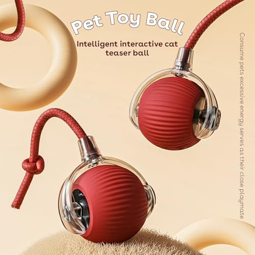 Interactive Cat Toy Ball, Automatic Intercative Cat Toys for Indoor Cats, The 3rd Generation Agile Moving Cat Ball with Elastic Mesh Tail, Toys for Indoor Adult Cats, Motion Activated (Red)