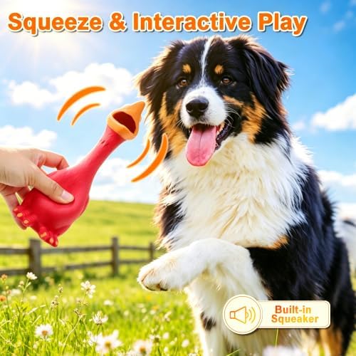 Squeaky Dog Toys 3 Pack, Natural Rubber Squeaky Chicken Rooster & Duck Interactive Chew Toys for Medium Large Dogs