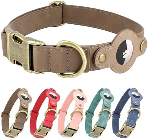 Airtag Dog Collar, PU Leather Brown Collar w Airtag Holder for Medium Dogs