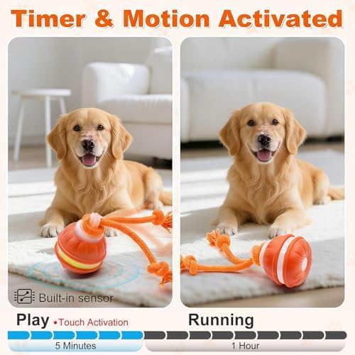 Interactive Dog Toys, Automatic Rolling Ball, Squeak Dog Toys for Boredom Interactive, Touch Activated, Dog Ball Chew Toy with Fun Rope for Small/Medium Dog Cat Indoor/Outdoor (Orange)