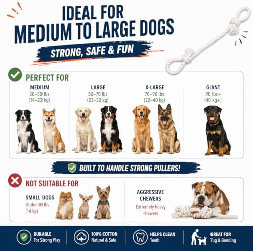 Cotton Dog Rope Toy with Dual Handles 45" Extra Long Tug Toy for Medium to Large Dogs, Durable Interactive Tug-of-War, Teeth Cleaning, Indoor Outdoor Play, White