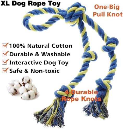 Rope Toy for Dogs，Large Dog Rope Toys for Aggressive Chewers, Heavy Duty Dog Toys for Large Medium Breed, Indestructible Tough Chew Toys Tug of War Dog Toy Cotton Rope for Teeth Cleaning