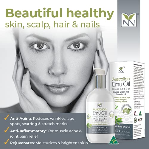 Y Not Natural Pure Emu Oil - Organic Moisture for Face, Body, Hair, Scalp & Nails - Rich in Omega 3-6-9, Vitamins & Essential Minerals - Australian Emu Oil (200ml) 6.76 fl oz - Green Tea