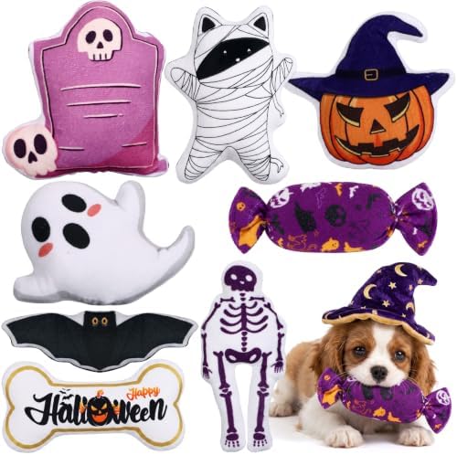 Soulchen 8 Pcs Halloween Dog Squeaky Toys, Plush Stuffed Chew Bulk with Squeakers, 8 Styles Interactive Funny Puppy Enrichment Set for Small Medium Pets