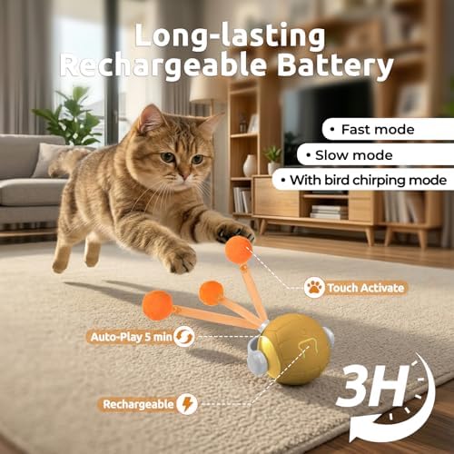 Cat Toys for Indoor Cats, Interactive Cat Toy Ball with Pom-Pom Tails, Automatic Cat Toy Self Play Exercise Toy to Relieve Boredom for Kitten & Adult Cats (Orange)