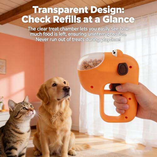 Interactive Dog Treat Launcher, Pet Food Catapult for Training & Enrichment, Portable Treat Shooter Toy for Puppy & Cat, Fits Round Dry Kibble, No Batteries Required (Orange)