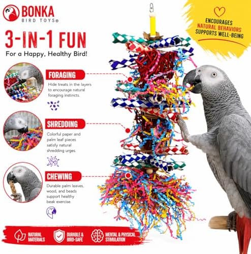 Bonka Bird Toys 1042 Huo Foraging Hearts Bird Toy for Medium Large Birds Interactive Shredding and Chewing Cage Toy Colorful Palm Leaf and Paper Enrichment Toy 12.5"