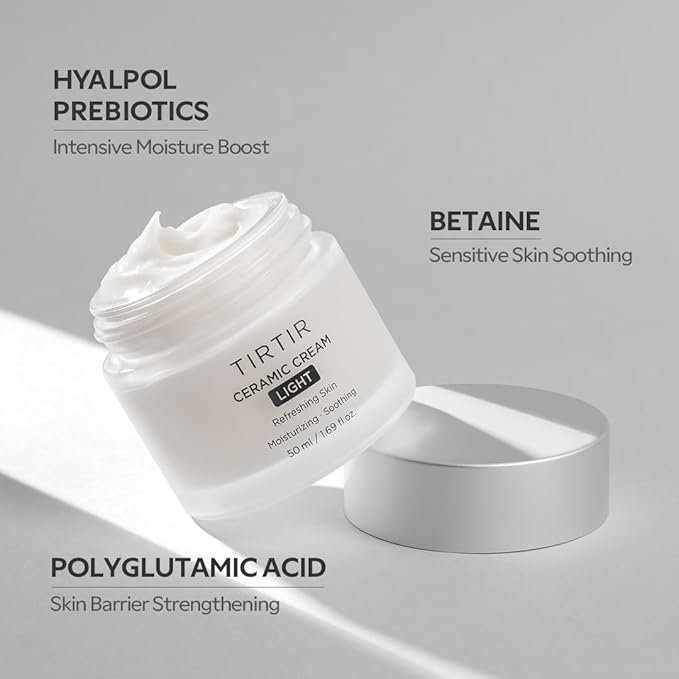 TIRTIR Ceramic Cream Light | Deep moisturizer for Glass Skin, Polyglutamic acid, Centella Asiatica Extract, Skin barrier, Lightweight, Mild, Nature derived ingredients, Dry skin, Korean skincare