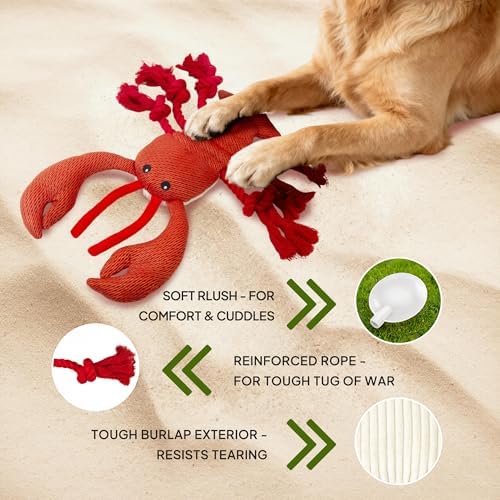TwoEar Lobster Squeaky Dog Toys, Plush Chew Toy with Tug Rope