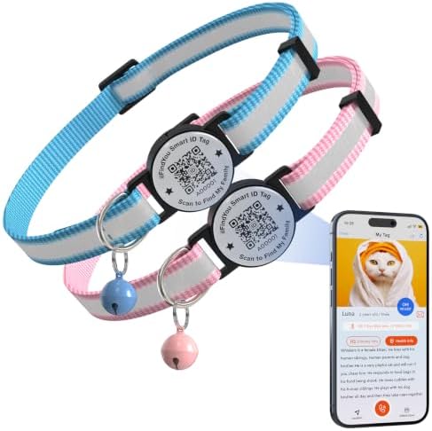 Breakaway Cat Collar QR Code, Reflective Bell, Adjustable Kitten Blue/Pink