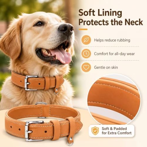 Genuine Leather Dog Collar, Soft Padded Leather Dog Collars with Airtag Holder Case for Small Medium Large X-Large Dogs,Comfort Heavy Duty Pet Collar with Durable Metal Buckle & D-Ring-Khaki/XS