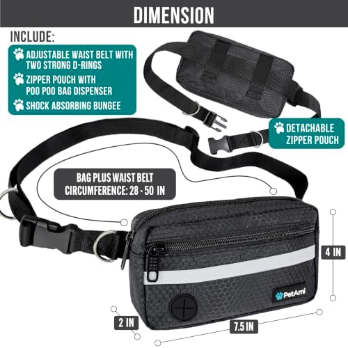PetAmi Hands Free Dog Leash Waist Belt Bag Fanny Pack, Single, Black