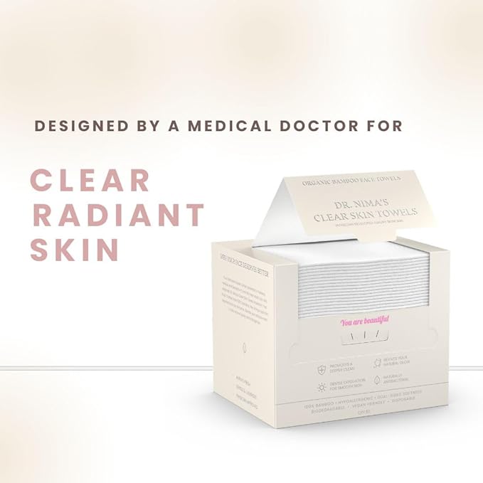 Dr. Nima's Clear Skin Towel, Organic Bamboo Face Towel, Physician Created Luxury Skin Care, Disposable Face Towel, Makeup Remover Dry Wipes, Ultra Soft, 1 Pack, 50 Ct