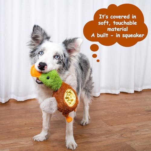 Hollypet Squeaky Plush Stuffed Dog Puzzle Toy with Slow Feeder Bowl, Interactive Chew Toy for Small and Medium Dogs, Wild Duck