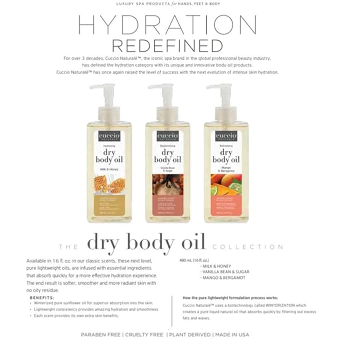 Cuccio Naturale Hydrating Dry Body Oil – Milk & Honey, Fast‑Absorbing Non‑Greasy Moisturizer for Comforted Soft Skin, 15.5 fl oz