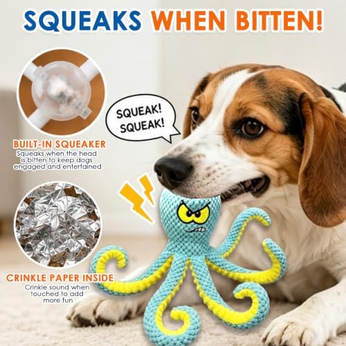 Interactive Octopus Dog Toy, Plush Dog Toy with Crinkle Paper & Squeaker, Tug of War Dog Toy for Small Medium Large Dogs, Soft Dog Chew Toy for Indoor Play, Puppy Training (J-Octopus-Green+Red)