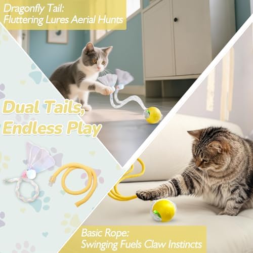 Interactive Cat Toys for Indoor Cats, Fast Rolling, Chirping, Motion Activated Automatic Cat Toy for Enrichment, Smart Cat Ball Toy 1 Count with 2 Tails and 3 Speed Adjustment, Yellow