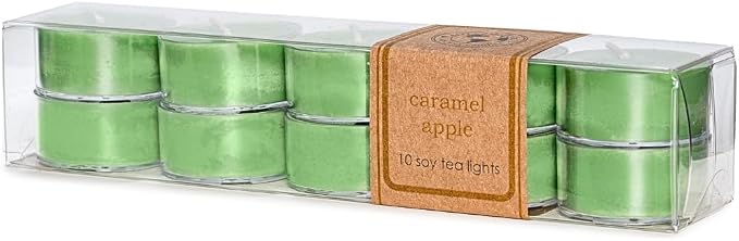 Eco Candle Co. Caramel Apple Tea Light Candles, 10-Pk, 9 Hr Burn Time | Scents of Granny Smith Apples and Creamy Caramel - Recyclable, No Lead, Kraft Paper Label & Lid, Hand Poured, Phthalate Free