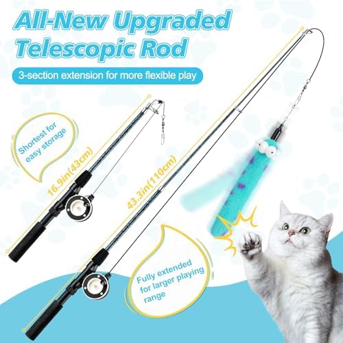 Pawaboo Cat Teaser Wand Toys, Cat Fishing Pole Toy with 3 PCS Feathers