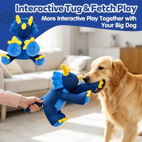 Large Squeaky Triceratops Plush Dog Toy, Belly Squeaker and Honeycomb Mesh, Soft Dinosaur Toy for Fetch, Carrying and Gentle Tug, Dark Blue